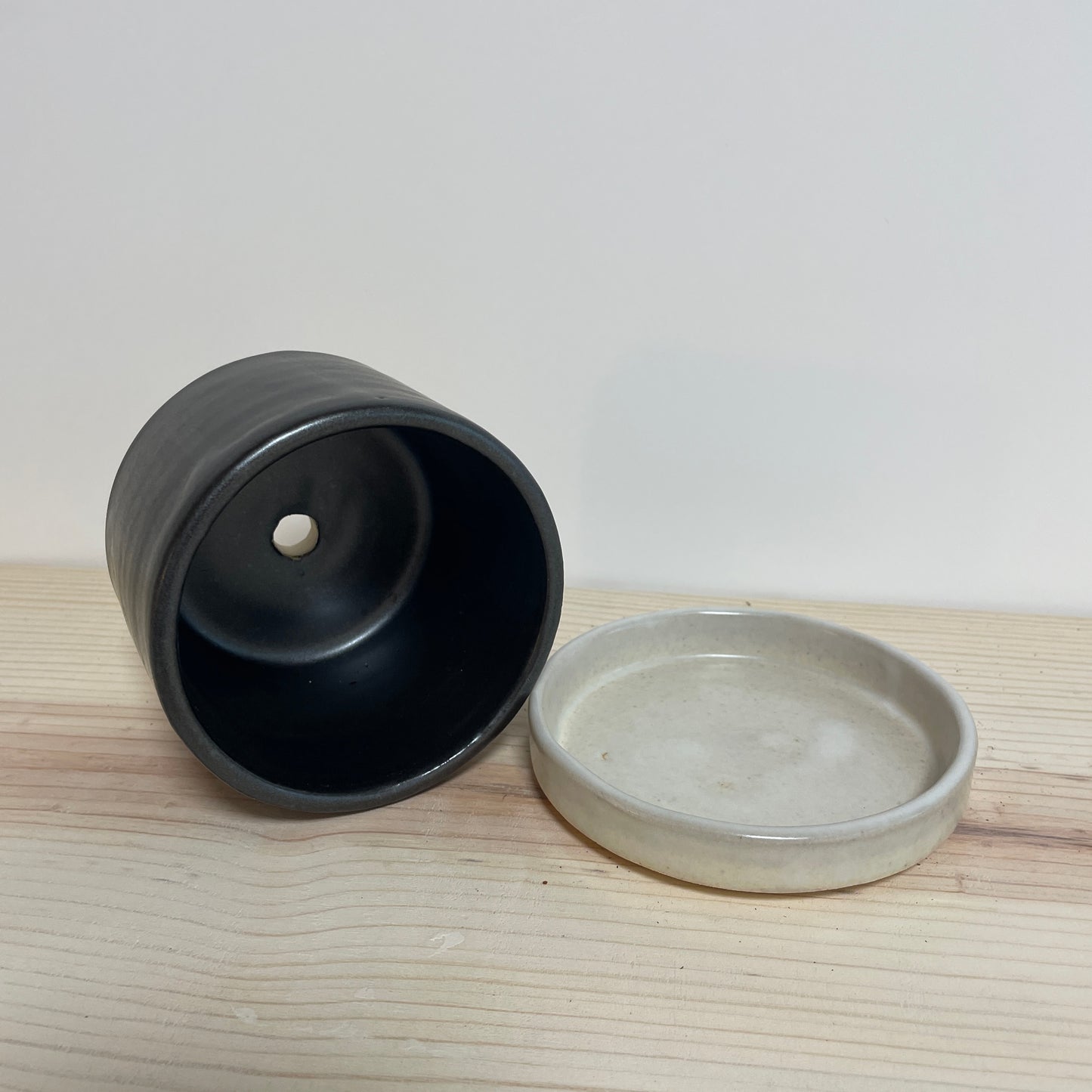 Small Black Planter with White Saucer